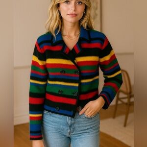 Talbots Vintage Primary Rainbow Striped Double Breasted Wool Cardigan Coat Small